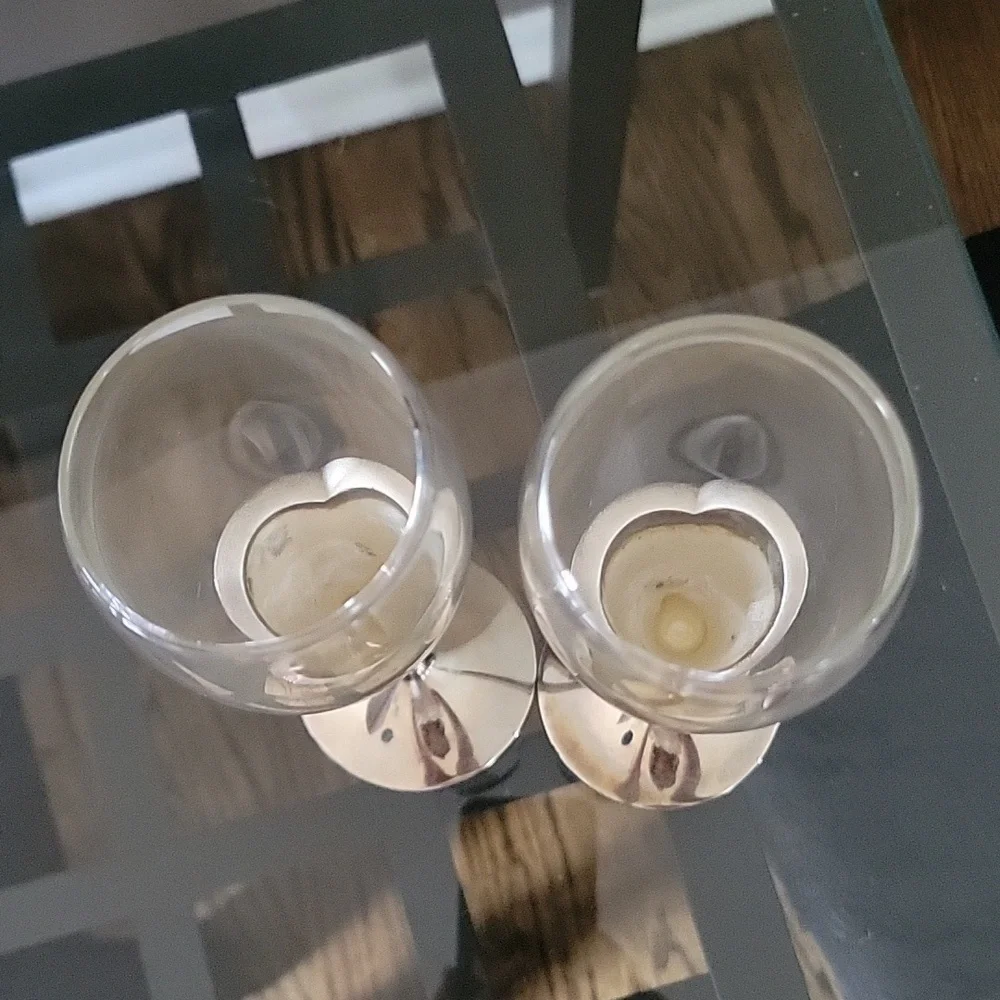 2 LENOX Crystal Champagne Flute Wedding Anniversary Silverplate Stems Heart Vtg